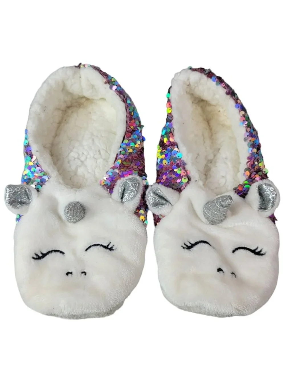 Target Unicorn Sequin Grippers Slippers White Faux Sherpa Silver Booties READ